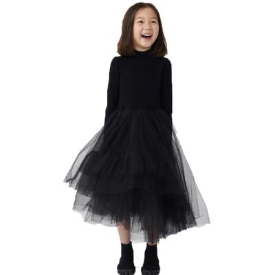 China Autumn Girl Elegant Style Sustainable Dress Customized Knitted Sweater Dress With Tulle Girl Fall Winter Dress for sale