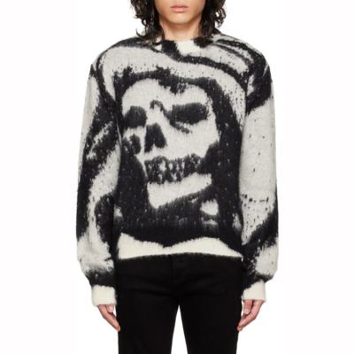 China Anti-Wrinkle AiNear Custom Logo Oversized Skulls Jacquard Knit Sweater Mens Crewneck Mohair Fuzzy Knitted Long Sleeve Mens Sweaters for sale