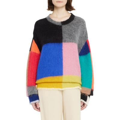 China Anti-Wrinkle AiNear Custom Logo Designer Color Block Knit Sweater Women Knitwear Fuzzy Mohair Knitted Long Sleeve Womens Sweaters for sale