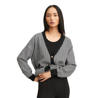 China Anti-wrinkle AiNear custom logo designer winter houndstooth knit cardigan women long sleeve v neck cashmere knitted women cardigan sweater for sale