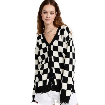 China Anti-Wrinkle AiNear Custom Logo Designer Ripped Plaid Knit Knitted Cardigan Distressed Women Knitwear Long Sleeve Cardigan Sweater for sale