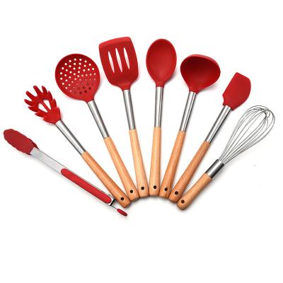 China Viable Wholesale Food Grade Cooking Set With Handles 2022 Wooden Kitchen Accessories Silicone Utensiil Set for sale