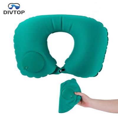 China Best Inflatable Hand Press Inflatable Airplane Neck Travel Pillow With Bag for sale