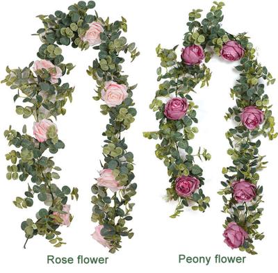 China 6FT Eco-Friendly Artificial Eucalyptus Garland Artificial Eucalyptus Leaves with 7 Roses Flower for Home Decor for sale