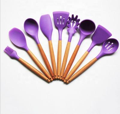 China Viable Hot Selling High Quality Wooden Handle Colorful Amazon Silicone Kitchen Utensils Set for sale