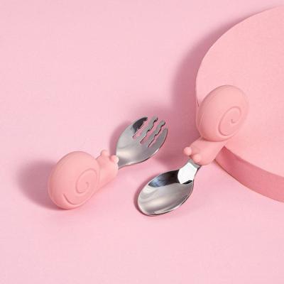 China New Cute Disposable Snail Stainless Steel Fork And Spoon Baby Silicone Baby Food Spoon And Fork Feeding Set for sale