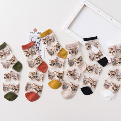 China QUICK DRY Sheer Women Crew Socks Cats Embroidery Fashion Cool Socks Sexy Sheer Socks For Girls for sale