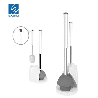 China 2023 SAIHU Sustainable Hot Selling Bathroom Cleaning TPR Silicone Toilet Brush and Toilet Plunger with Holder Set for sale