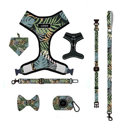 China Sustainable Personalized Dog Harness Polyester Non Pull Deluxe Adjustable Printing Dog Collar And Harness Set for sale