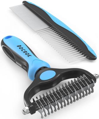 China Pet Stocked Grooming Brush Double Sided Shedding Dematting Undercoat Rake Comb For Dogs And Cats for sale