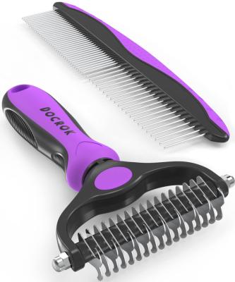 China Pet Stocked Shedding Comb Stainless Steel Hair Removal Tool 2 in 1 Dog Hair Comb Brush Grooming for sale