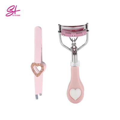 China Angular Blush Future St Gift Set 2 Pieces Stainless Steel Eyelash Curler Pink Eyelash Applicator Eyebrow Tweezers Set for sale