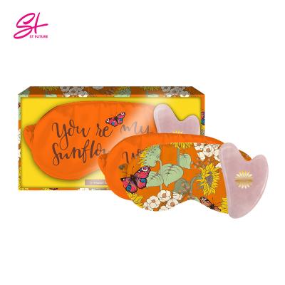 China Sunflowers Series Eyemask and Guasha Set Anti-Aging Tool Face Tip Massager Natural Guasha Rose Quartz Facial Jade Pink Stone Box for sale