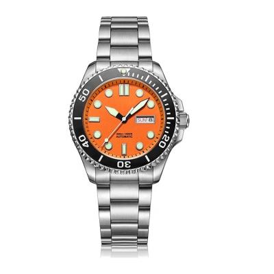 China Silver Strap Men's Automatic Orange Ceramic Bezel Alarm Dial Stainless Steel Dive Watch for sale