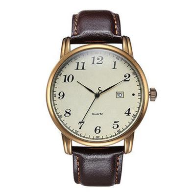 China Male Vintage Bronze Dial Leather Strap Sapphire Crystal Wristwatch Alarm Quartz Watches Vintage Case Watch for sale