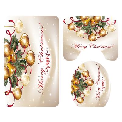 China Sustainable Christmas Golden Ball Printing Custom Bath Mat 3 Piece Bathroom Curtains And Bathroom Rugfabric Set for sale