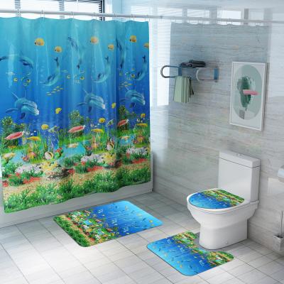 China Sustainable Ocean Style Four Piece Bath Mat Set Bathroom Shower Curtain Set Design Non Slip Shower Curtain for sale