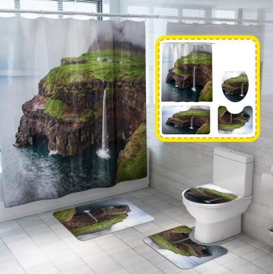 China Support Sustainable Sample Landscape Printing Bath Mat OEM Anti Slip Bath Mat Bathroom Sets With Shower Curtain for sale