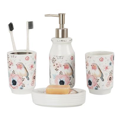 China Viable New Era Design Rose Flower Birds 4pieces Set Ceramic Rose Bathroom Accessory Set for sale