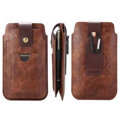 China Double Vertical Shockproof Mobile Phone Carrying Case Credit Card Slot Belt Luxury Leather Suitcase with One Hook Fits for Samsung and iPhone Phone for sale