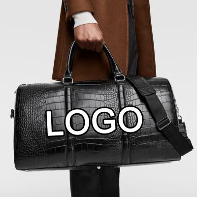 China High Quality Custom PU Leather Crocodile Logo Black Leather Duffle Bag Weekender Duffle Outdoor Luggage Bag Travel Bag For Man for sale