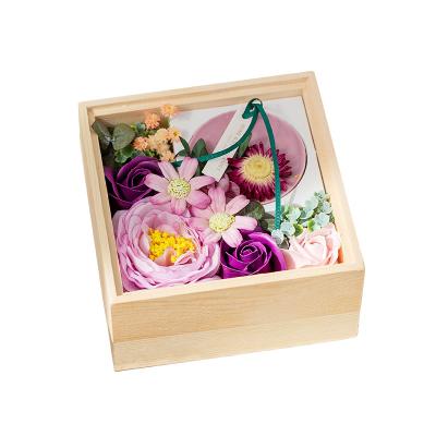 China Rose Soap Artificial Flower Wax Flower Box Valentine's Day Gift Box Valentine's Day Gift Wooden Box Flower Scented Flower Maker for sale