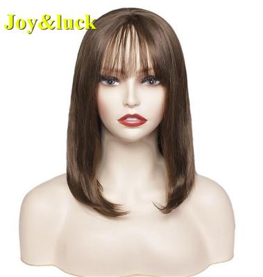 China Wholesale Price Straight Ladies Wig For Women Shoulder Length Bangs Party Natural Straight Brown Wig Short Bob Synthetic Wigs for sale