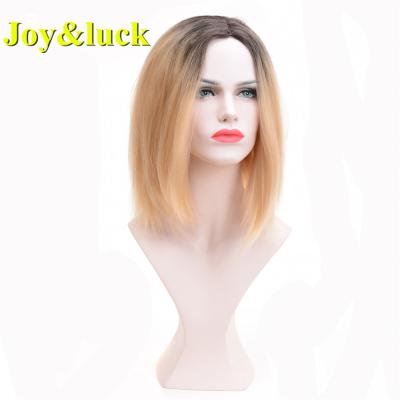 China Wholesale Price Wigs Gold Color Brown Ombre Straight Women's Wig Dark Roots Natural Short Bob Synthetic Hair Wigs Ladies Dark Hair for sale