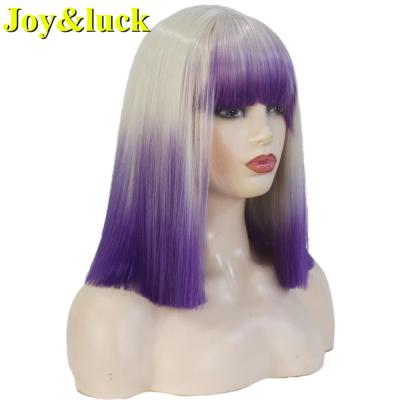 China Natural Straight Women's Hairstyle Ombre Ladies Party Purple Blonde Wig With Bangs Short Natural Straight Synthetic Hair Halloween Cosplay Wigs for sale