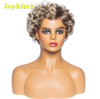 China Wholesale Price Curly Machine Made Blonde Synthetic Wigs Brown Ombre Pixie Cut Short Kinky Curly Side Piece Color Women's Wigs for sale