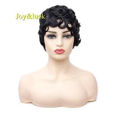 China Ladies Curly Black Hair Color Machine Made Wig For Women Wholesale Price Cosplay Party Pixie Cut Short Curly Synthetic Hair Wigs for sale