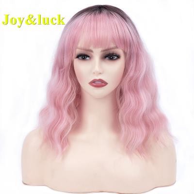 China Wholesale Price Ladies Water Wave Dark Root Women's Wigs With Bangs Wavy Part Ombre Black Pink Short Natural Water Wave Synthetic Wigs for sale