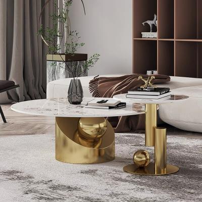 China Foshan Wear Resistant Furniture Modern Luxury Gold Sintered Stone Tea Coffes Table Set Oval Marble Coffee Table For Living Room for sale