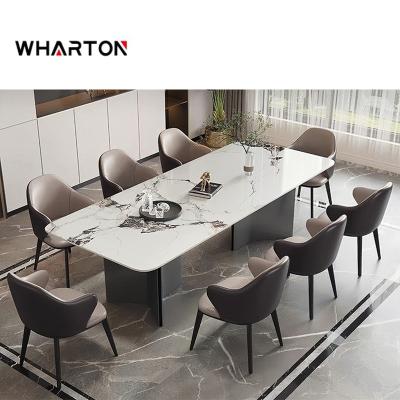 China Luxury White Rectangular Chipboard Villa Dining Table Set Wear Resistance Table Stone Marble Table Top And High Hardness Design Large Dining Table Set for sale