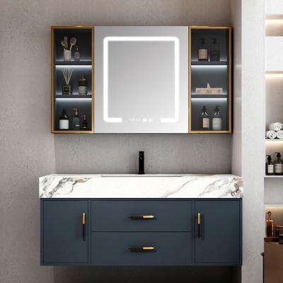 China 36 Inch Countertop Smart LED Mirror Cabinet Eco-Friendly Blue Luxury Sintered Stone Bathroom Vanity With Sink for sale