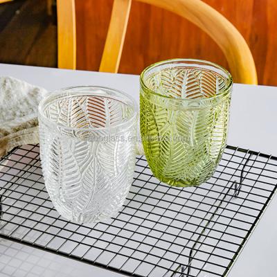 China Leaf Vintage Backrest 12oz Juice Mugs Water Cup DOF Traditional Embossed Cute Glass Cup DOF Glass Tumbler for sale