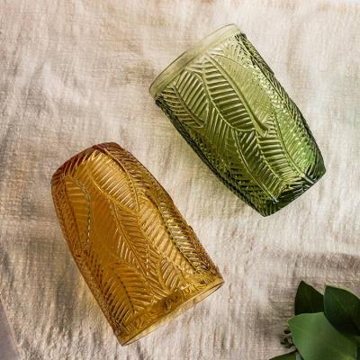 China Crystal like high quality embossed leaf glass ball 15oz solid color hiball juice glass high green crystal cup cup for sale