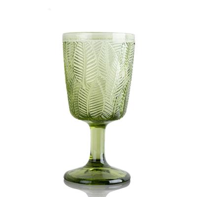 China European 12oz Leaf Lead Free Embossed Green Crystal Goblet Pressed Glass Goblets Wine Goblet Gift Box for sale