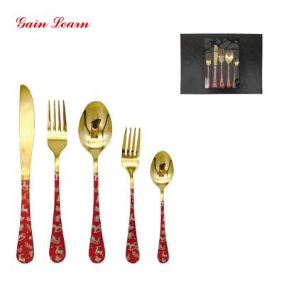 China Winning Viable Learn Hotel Restaurant Wedding Flatware Set Christmas Gold Plated Cutlery Set With Gift Box for sale