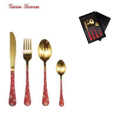 China Viable Gain Learn Custom Logo 4Pcs Christmas Stainless Steel Cutlery Sets Red Gold Cutlery Set With Gift Box for sale