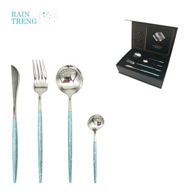 China Treng Amazon Viable Hot Sale High Quality 304 Rain Flatware Set For 6 Matte Mirror 24Pcs Flatware Set With Gift Box for sale