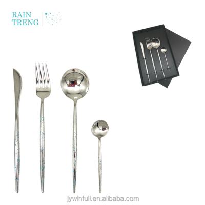 China New Design 18/10 Treng Rain Dot Paint 4Pcs Silver Blue Flatware Set Talheres Viable Hand Polish Mirror Cutlery Set for sale