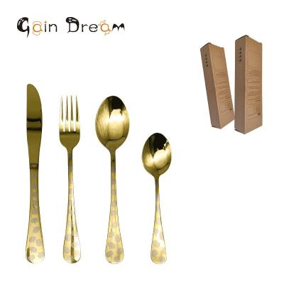 China Sustainable Winning Dream 16Pcs Halloween Flatware Set For 4 People Gold Plated With Laser Pattern Stainless Steel Cutlery for sale