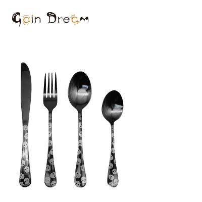 China Dream Winning Viable Custom Logo Cutlery Set Halloween Stainless Steel Mirror Low MOQ Talheres Black Flatware Set for sale