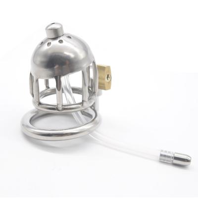 China Male Stainless Steel Male Chastity Device Cock Cage Chastity Belt With Silicone Catheter for sale