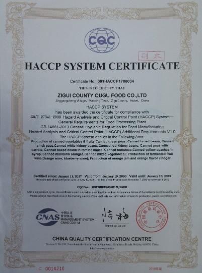 HACCP - Zigui County Qugu Food Co., Ltd.