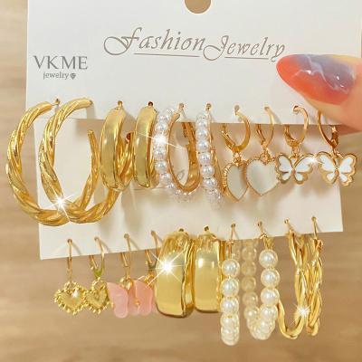 China VKME 2022 high quality fashion pearl butterfly heart jewelry gold plated circle earrings set for women for sale