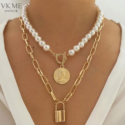 China High Quality VKME Gold Plated Layered Double Pearl Necklace Lock Pendant Necklace For Women for sale