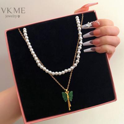 China High Quality VKME New Fashion Butterfly Pearl Double Layer Necklace For Women Jewelry for sale