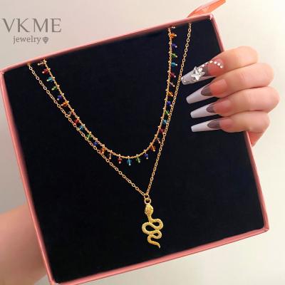 China High Quality VKME Hot Selling Colorful Beads Snake Double Layer Pendant Necklace For Women Jewelry for sale